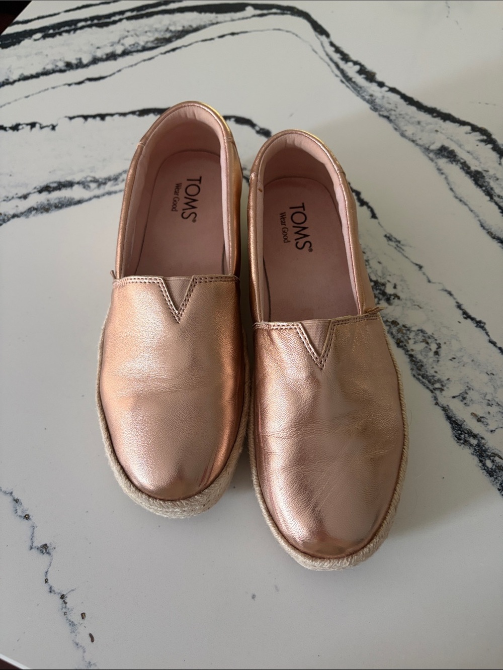 Size 7.5 Toms Metallic Rose Gold Espadrille Slip-Ons